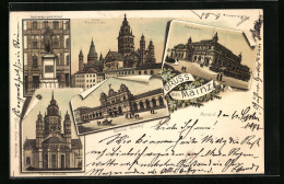 Lithographie Mainz, Central-Bahnhof, Dom Westseite, Gutenbergdenkmal  - Mainz