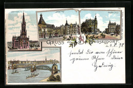 Lithographie Düsseldorf, Neue Rheinbrücke, Johanniskirche  - Duesseldorf