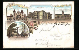 Lithographie Hamburg-Altona, Neues Rathaus, Hauptbahnhof, Kaiserl. Postamt  - Altona