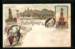 Lithographie Frankfurt A. M., Hauptbahnhof, Stoltze-Denkmal Und Kaiser Wilhelm-Denkmal  - Frankfurt A. Main
