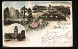 Lithographie Karlsruhe, Schloss, Schlossgartensee, Schlossthurm  - Karlsruhe