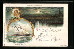 Lithographie Hamburg, Windengel Und Segelschiff, Teilansicht Bei Vollmond  - Mitte