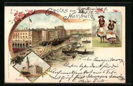 Lithographie Hamburg, Jungfernstieg, Landungsbrücken, Rathaus, Hamburgerinnen  - Mitte