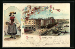 Lithographie Hamburg-Neustadt, Jungfernstieg Mit Hanseatin  - Mitte