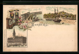 Lithographie Hamburg, Vierländerin, Jungfernstieg, Blankenese Süllberg, Rathaus  - Blankenese