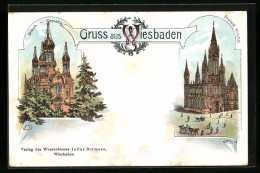 Lithographie Wiesbaden, Griechische Kapelle Und Protestantische Kirche  - Wiesbaden