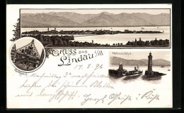 Lithographie Lindau I. B., Rathaus, Hafeneinfahrt, Totalansicht Mit Bodensee  - Lindau A. Bodensee