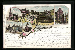 Lithographie Hannover, Aegydien-Brücke, Markthalle, Leibnitzhaus, Königswortherplatz Und Herrenhäuser-Allee  - Hannover