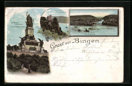 Lithographie Bingen, Schloss Rheinstein, National-Denkmal, Ortsansicht  - Bingen