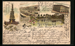 Lithographie Dortmund, Bahnhof Mit Post, Kriegerdenkmal, Gymnasium  - Dortmund