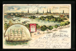 Lithographie Hamburg, Segelschiff Potosi, Alster Panorama  - Eimsbuettel