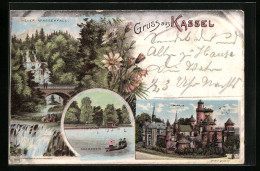 Lithographie Kassel, Löwenburg, Neuer Wasserfall, Auebassin  - Kassel