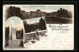 Lithographie Kassel-Wilhelmshöhe, Schloss Wilhelmshöhe, Das Schloss M. D. Lac, Die Grosse Fontaine  - Kassel