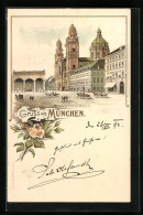 Vorläufer-Lithographie München, 1894, Theatinerkirche Mit Pferdekutschen  - München