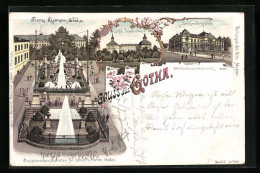 Lithographie Gotha, Schloss Friedenstein, Schlossberg, Landgerichtsgebäude, Franz Riemann Damen Und Herren Moden  - Gotha
