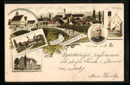 Vorläufer-Lithographie Wörishofen, 1893, Kurhaus, Pfarrhof, Pfarrer Kneipp  - Bad Woerishofen