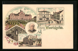 Lithographie Wörishofen, Geromillers Bad, Kinderasyl, Pfarrer Kneipp  - Bad Woerishofen
