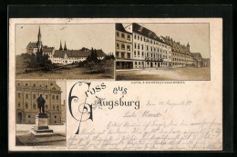 Lithographie Augsburg, Hotel 3 Mohren Und Fuggerhaus, Schloss Wollenburg, Fuggerdenkmal  - Augsburg