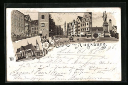 Lithographie Augsburg, Domkirche, Augustusbrunnen, Friedensdenkmal  - Augsburg