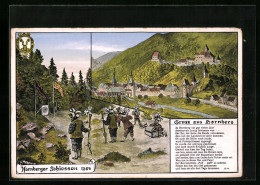 Künstler-AK Hornberg /Bad. Schwarzwald, Hornberger Schiessen 1564, Schützen Vor Der Zielscheibe, Teilansicht  - Hornberg