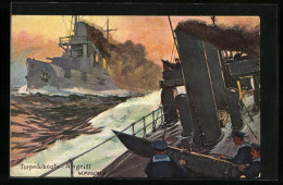 Künstler-AK Torpedoboots-Angriff Vom Deck Eines Schiffes Gesehen  - Guerre