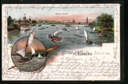 Lithographie Hamburg, Aussen Alster, Uferpartie Mit Segelbooten  - Mitte