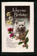 Künstler-AK Weisse Katze, Blumengirlande - Geburtstagsgruss  - Cats
