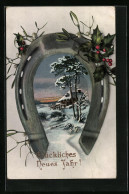 Künstler-AK Glückliches Neujahr Mit Hufeisen Und Winterlandschaft  - Other & Unclassified