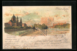 Künstler-AK München, Die Lukaskirche, Isarlust, Maximilianeum  - München
