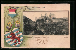 Passepartout-Lithographie Vianden, Schloss Und Wappen  - Vianden