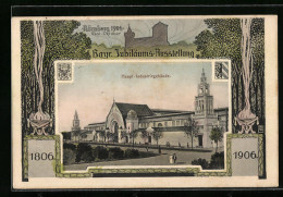 Passepartout-Lithographie Nürnberg, Bayr. Jubiläums-Ausstellung 1906, Haupt-Industriegebäude, Burg  - Exposiciones