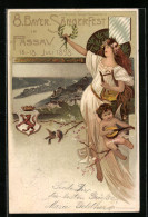 Lithographie Passau, 8. Bayer. Sängerfest 1898, Frau Mit Lyra Und Engel Am Stadtrand, Ganzsache Bayern  - Briefkaarten