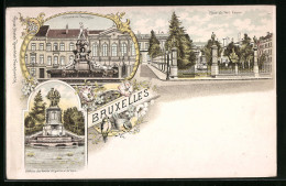 Lithographie Brüssel / Bruxelles, Place Du Petit Sablon, Gontaine De Brouckère, Statues Des Comtes D`Egmont Et De Ho  - Bruxelles-ville