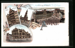 Lithographie Anvers, Grande Place De L`Escaut, Maison Charles-Quint, Cathédrale  - Other & Unclassified