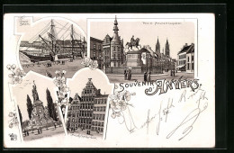 Lithographie Anvers, Place Et Monument Leopold Ier, Maison Charles-Quint, Grand Bassin  - Autres & Non Classés