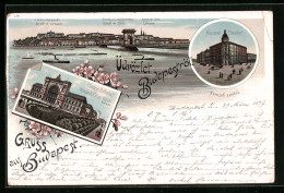 Lithographie Budapest, Central Bahnhof, National Theater, Kettenbrücke, Tunnel Und Dampfseilrampe  - Hongrie