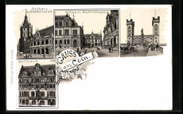 Lithographie Cöln, Rathhaus Am Stadthausplatz, Stadtbibliothek, Eisenbahnbrücke  - Koeln