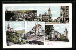 AK Weida, Ortsansicht, Markt, Schloss Osterburg, Café Museum, Ruine Wiedenkirche  - Weida