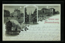 Mondschein-Lithographie Braunschweig, Kohlmarkt, Catharinen-Kirche, Bahnhof  - Braunschweig