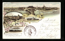 Lithographie Konstanz, Ortsansicht, Bahnhof, Insel Mainau  - Konstanz