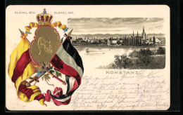Passepartout-Lithographie Konstanz, Uferpartie Mit Kirche, Portrait Mit Fahnen, 1852-1902  - Sonstige & Ohne Zuordnung