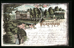 Lithographie L.-Lösnig, Gasthaus Waldschänke, Gebäude, Spaziergänger, Eisenbahn  - Other & Unclassified