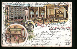 Lithographie Halle /Saale, Gasthaus Zum Schultheiss, Gebäudeansicht, Innenansichten  - Autres & Non Classés