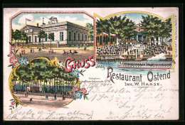 Lithographie Berlin-Oberschöneweide, Restaurant Ostend, Strassenansicht Und Gartenansicht Vom Wasser Aus  - Treptow