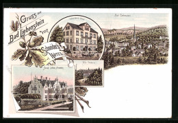 Lithographie Bad Liebenstein, Ortsansicht, Schneiders Hotel, Villa Feodora  - Bad Liebenstein