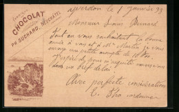 Vorläufer-Lithographie Neuchatel, Fabrique De Chocolat, Ph. Suchard, Kakao 1893  - Landbouw