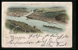 Lithographie Bingen, Ort Mit Bingerbrück Und Mäusethurm, Halt Gegen Das Licht: Beleuchtete Häuser  - Bingen