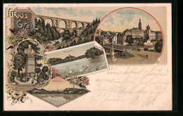 Lithographie Greiz, Unteres Schloss, Bismarckdenkmal, Parksee  - Greiz