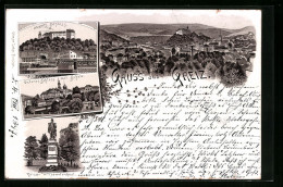 Lithographie Greiz, Unteres Schloss Mit Schule, Oberes Schloss, Kaiser Wilhelmdenkmal  - Greiz