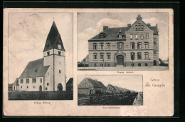 AK Greppin, Evangelische Kirche, Evangelische Schule, Eisenbahnstrasse  - Autres & Non Classés